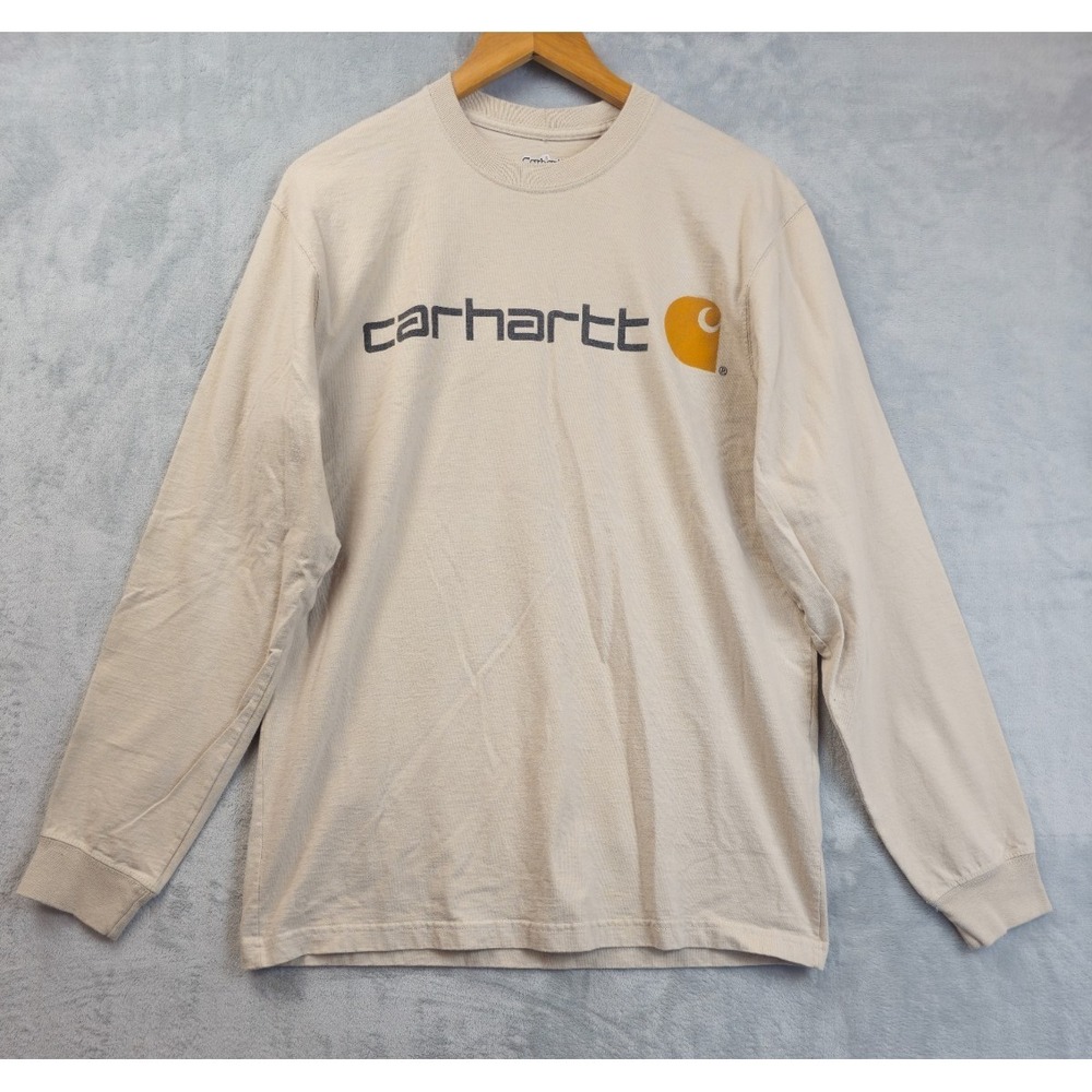 Carhartt Men's Long Sleeve T Shirt Medium Tan Spell Out Logo Work Wear